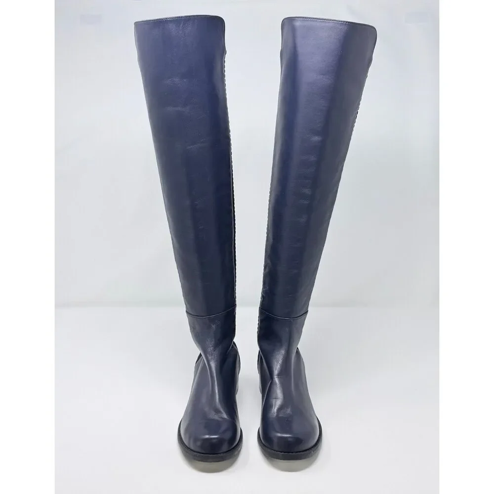 Stuart Weitzman 5050 Navy Blue Leather Over the Knee Boots Size 4C Wide NWOB